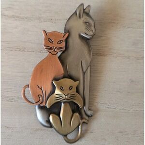 Vintage Mixed Metal Triple Cat Family Brooch Pin Silver Gold Copper Tone Feline